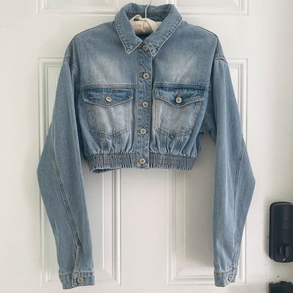 Summerland Cropped Denim Jacket Womens S Blue Oversized 90s Elastic Hem Jean